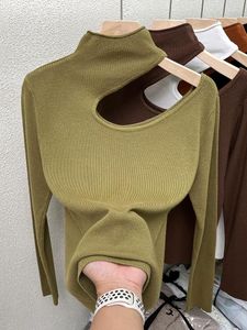 Dames T-shirts Herfst- en wintermode Sexy Hollow Off Shoulder Top Design Sense Coltrui Gebreid dieptepuntshirt voor dames