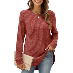 T-shirts pour femmes automne et hiver pull col rond solide filetage flocage mi-longueur lanterne à manches longues T-shirt sous-couche hauts