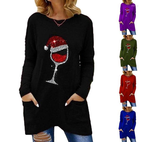 T-shirts pour femmes automne et hiver robes pour femmes verre de vin de noël col rond à manches longues poche haut T-shirt femme