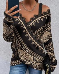 T-shirts pour femmes automne dames imprimé Tribal contraste dentelle épaule froide T-Shirt femmes Vintage haut décontracté tunique à manches longues