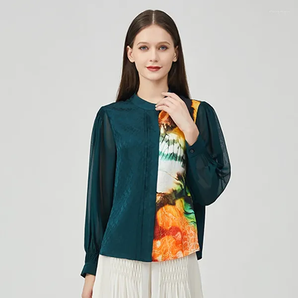 Camisetas para mujeres Autumn Silk Jacquard Peacock Peacock Green Collar Single Botón Camiseta Manga pliegue Femenina Femenina Be752