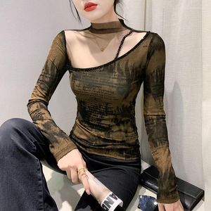 T-shirts pour femmes automne printemps vêtements coréens T-shirt mode perles haut pour femme demi col roulé à manches longues Sexy imprimé t-shirts