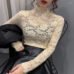 Camisetas de mujer Camisa de encaje de flores negras finas de otoño Camiseta de manga larga con cuello alto sexy para mujer Camisetas de retazos de crochet delgadas para mujer