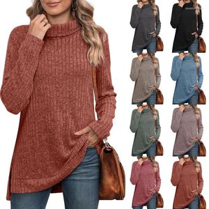 T-shirts pour femmes automne hiver col haut côté fendu couleur unie à manches longues t-shirt dames pull tricoté haut vêtements féminins vêtements décontractés