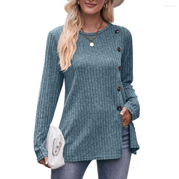 Camisetas para mujer, camisetas de manga larga para otoño e invierno, camisetas con abertura de un solo pecho a la moda para mujer, camisetas casuales sólidas con cuello redondo para mujer