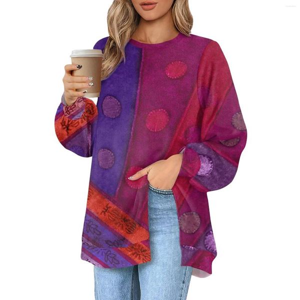 Camisetas para Mujer Otoño/Invierno Vintage Rayas Impreso Suéter Moda Cuello Redondo Camiseta Dividida Suelta Y Cómoda Jersey De Manga Larga