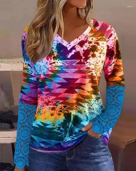 Camisetas para mujer Azteca Geométrica Tie Dye Print Contraste Encaje Manga larga Top Moda Mujer Blusas Camisa 2023 Ropa Camisetas Jersey