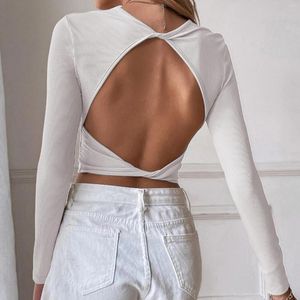 Dames t shirts backless shirt dames crop t-shirt uitgehakte holle achterkant met lange mouw magere casual tee sexy outfits y2k slank fit esthetiek