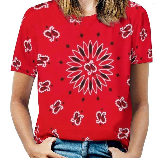 Camisetas para mujer Bandana-Rojo Estampado de moda Mujeres Señoras Niñas Camiseta Harajuku Cuello redondo Manga corta Tops Camisetas Bandana Vaquero rojo