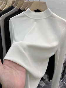 T-shirts femme basique haute qualité pur coton blanc T-shirt pour femmes élégant haut de taille slim demi col roulé à manches longues T-shirts