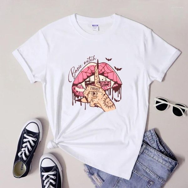 T-shirts de femmes T-shirt de lèvres roses basiques T-shirt gothique femme sorcière