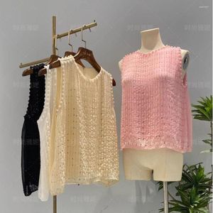 Camisetas para mujer, camiseta sin mangas con lentejuelas y cuentas, camiseta elegante a la moda para mujer, camiseta corta sin mangas de gasa con perlas y cordones