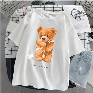 Dames T-shirts Bear Print Fix Your Own Vrouwen Mannen T-shirt Zomer Comfort Sweat Shirt Ademend Losse Meisje En Jongen Mode Hip Hop Kort