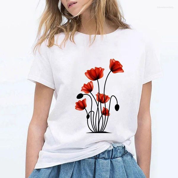 T-shirts pour femmes belles fleurs chemises imprimées de fleur femme fashion co-cou tshirt kawaii vêtements d'été tops blancs manches courtes femelle