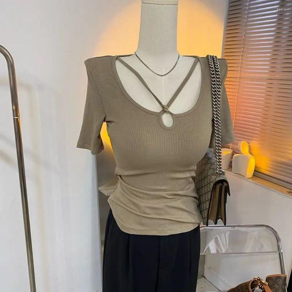 T-shirts pour femmes Beenle Simple Light Luxe Coréen Mode Décolleté Col suspendu Sexy Slim Chemise à manches courtes Col carré