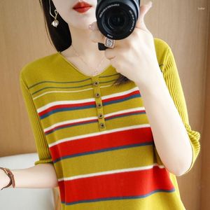 T-shirts pour femmes BELIARST T-shirt en pur coton pour femmes Pull à col en V Casual Loose Knit Striped Tops Summer Ladies Oversized Tank Top Tees