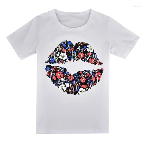 Camisetas de mujer de talla grande, camiseta de verano para mujer, camiseta holgada con Logo de labios y cuello redondo, camiseta informal Kawaii para chica, Vetement Femme Plus