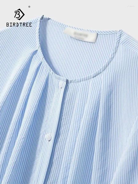 Camisetas para mujeres Birdtree Blue White Stripe redonda de cuello redondeado Mulilla de seda doble Camiseta Camiseta Capa de la manga de la linterna T38856QC