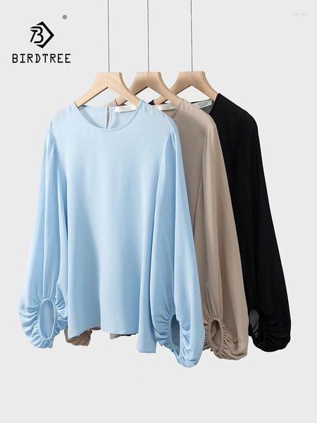 T-shirts pour femmes Birdtree Mulberry Silk Ghost Crepe T-shirt Round Nou Solid French Lantern Sleeves Tops 2024 Spring T41826QC