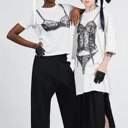 T-shirts pour femmes Noir et blanc Collision Dentelle Corsage Imprimé T-shirt à manches courtes Simple Casual Lâche Polyvalent Y2K Tops 2024 Été