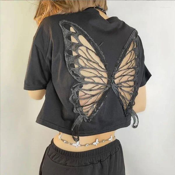 Camisetas de mujer Mariposa de encaje negro con ombligo expuesto Camisetas cortas Mujer 2024 Moda de verano Camiseta holgada ahuecada Tops femeninos
