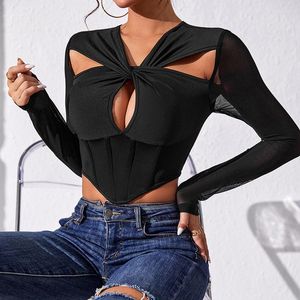 Dames T-shirts Zwart Sexy Dames T-shirt Informeel V-hals Lange mouw Skinny Cropped Tops 2023 Lente Herfst Effen Elegant Basic