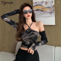 Dames T-shirts Zwart Tie Dye Design T-shirt met lange mouwen Dames Trendy Slim Fit Off-shoulder Hals gemonteerd Lente Tops Koreaanse stijl Sexy