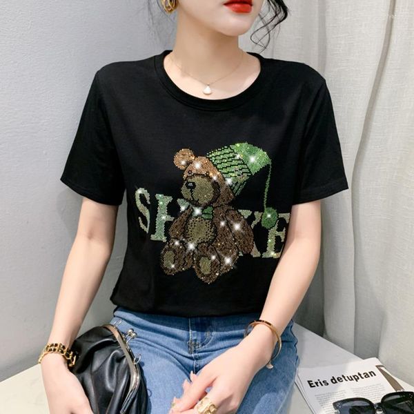 T-shirts Femme noir blanc vert rouge chemise à manches courtes femmes dessin animé ours diamants serré Femme coton t-shirt été 2023