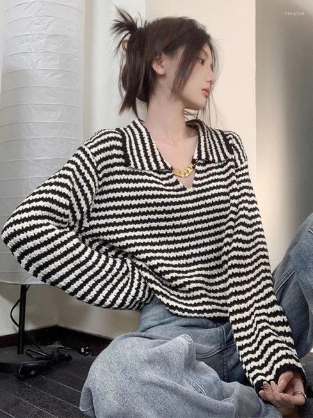 Camisetas para mujer Suéter a rayas blanco y negro Mujeres Estilo coreano Manga larga Prendas de punto Señoras Casual Diseño de cadena suelta Mujer de punto