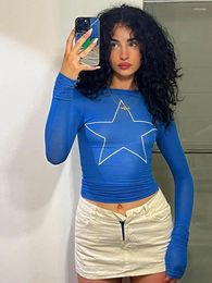 T-shirts Femmes Blue Star Imprimer Graphique À Manches Longues Femmes T-shirt Bodycon Slim Bottoming Crop Top INS Harajuku Casual Y2K E-girl Tees
