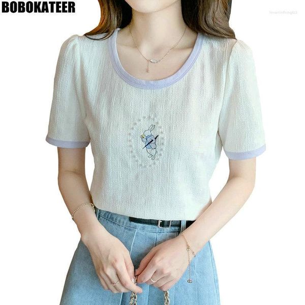 Camisetas de mujer BOBOKATTER Camiseta de verano Ropa de mujer Blanco Vintage Ladies Tops Camiseta de manga corta Lindo bordado Casual Moda coreana