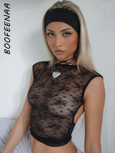 Camisetas para mujer BOOFEENAA Malla de encaje floral Ver a través de Sexy Top negro Halter Sin espalda Crop Camisa de verano para mujer para mujer C15-AI10