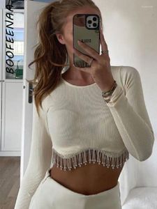 T-shirts Femmes BOOFEENAA Strass Chaîne Frangée Sexy Crop Top Femmes Solid Rib Knit Manches Longues Style Français Vêtements C82-CH23