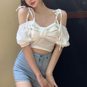 Camisetas para mujer Forma de Bowknot Mujeres Top recortado Moda coreana Off Hombro Sling Sweet Camisole Kawaii Spaghetti Strap Club Chaleco