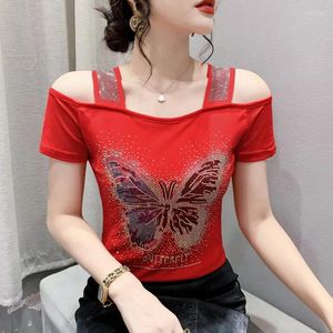 T-shirts pour femmes Marque Causal Butterfly Design Vêtements européens T-shirt Sexy Off Épaule Brillant Diamants Mesh Élégant Tops Tees Blouse
