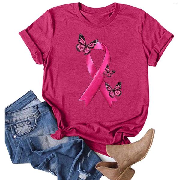 T-shirts de femmes Cancer du sein Awarenes Femmes Ribbon Pink Butterfly Print Tees O-Neck Clain à manches Femme T-shirt Octobre Outubro