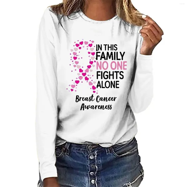 Camisetas para mujer Concientización sobre el cáncer de mama Regalos de cinta rosa Camiseta Letras Camisetas estampadas Moda Manga larga Tops con cuello en O Ropa estética