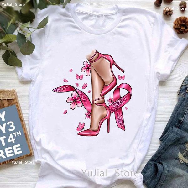 Camisetas con estampado de concientización sobre el cáncer de mama para mujer, camiseta rosa con zapatos altos, camiseta de manga corta para mujer