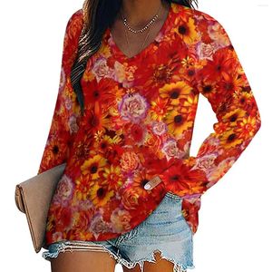 Dames T-shirts Helder bloemenshirt Rode madeliefjes Y2K Lange mouw Street Style Oversized Tees Dames Design Kleding Verjaardagscadeau