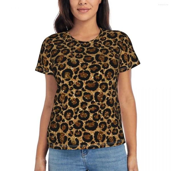 Camisetas para mujer Estampado de leopardo brillante Animal de moda Camisa simple con cuello en O Manga corta Camisetas elegantes de gran tamaño Tops con estampado sexy Idea de regalo