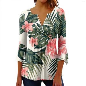 T-shirts pour femmes boutonné pour les femmes imprimé floral tunique d'été hauts habillés décontractés cloche 3/4 manches col en V chemisiers de printemps vêtements femme