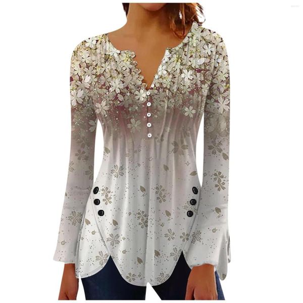 Camisetas de mujer con botones para mujer, túnica estampada, Tops de verano elegantes, informales, campana, manga larga, cuello en V, blusas de primavera, camisa 2023