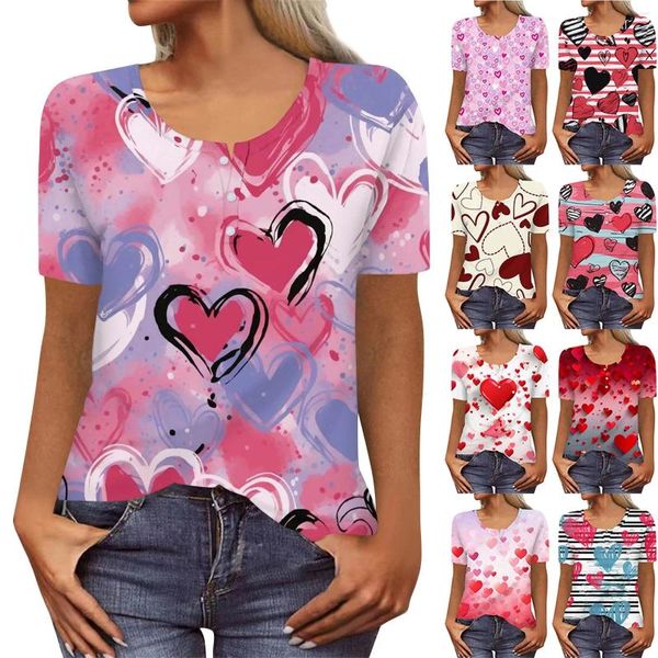 Camisetas para mujer con botones y cuello en V, camisa Retro de manga corta con estampado moderno, camisetas informales ajustadas, cómodas y llamativas