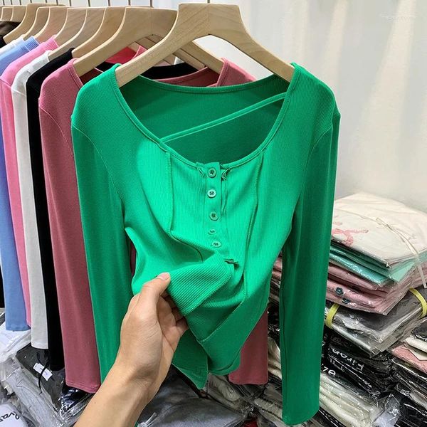 Camisetas para mujer Botones Cuello en V Camisa de manga larga Mujeres Tops sexy acanalados 2024 Primavera Casual Flaco Slim Basic Mujer Rosa Verde