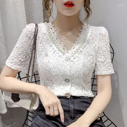 T-shirts femme Camisa De Manga Corta Con Encaje Y Perlas Para Mujer Gasa Cuello En V Ropa Ajustada Novedad Verano 2023