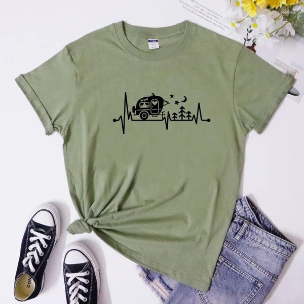 T-shirts femmes Camping battement de coeur T-Shirt femmes mignonnes graphique en plein air T-Shirt été à manches courtes heureux Camper cadeau T-Shirt