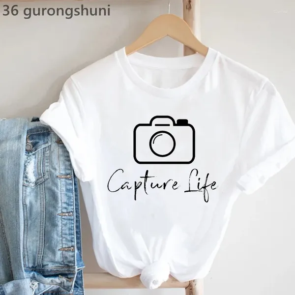 T-shirts pour femmes capture la vie caméra graphique imprimement tshirt femme drôle t-shirt blanc féminin d'été