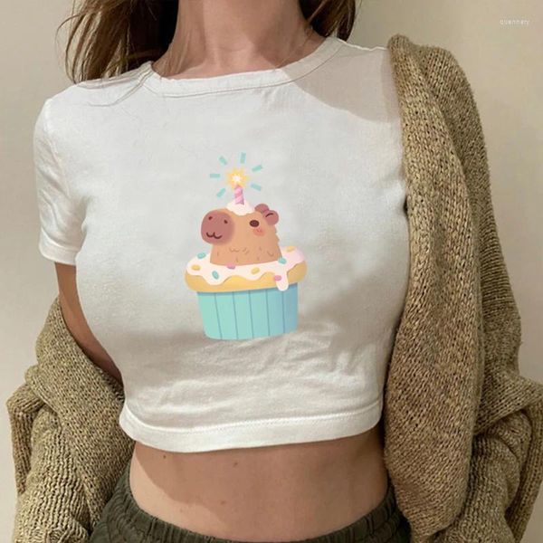 Camisetas de mujer Capy Camisa de cumpleaños Lindo Capybara Dibujos animados Estampado Crop Tops Moda Streetwear O-Cuello Camiseta corta Casual Y2K Baby Tees