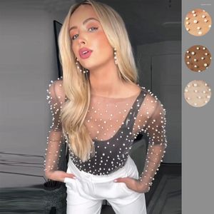 Camisetas de mujer estilo carnaval perlas con cuentas detalle de diamantes de imitación malla transparente Crop Clubwear cubrir la perspectiva superior mangas largas