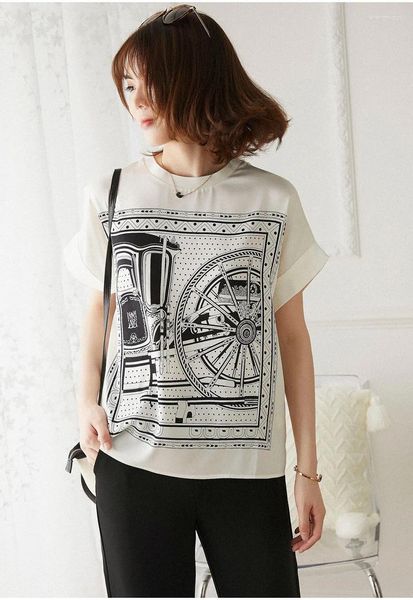 T-shirts pour femmes imprimé chariot haut en soie lourde à manches courtes large T-shirt mûrier chemise Vintage noir blanc